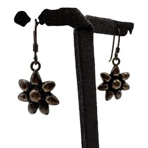 Sterling Silver 925 Flower Starburst Dangle Drop Earrings Boho Artisan Patina